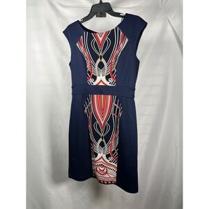 Studio One New York Navy Blue Geometric Print Cap Sleeve Sheath Dress Size 10